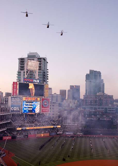 SAN DIEGO (April 24, 2016) Members of the color guard from the aircraft  carrier USS Theodore Roosevelt (CVN 71) parade the colors on the field at  Petco Park, home field of the