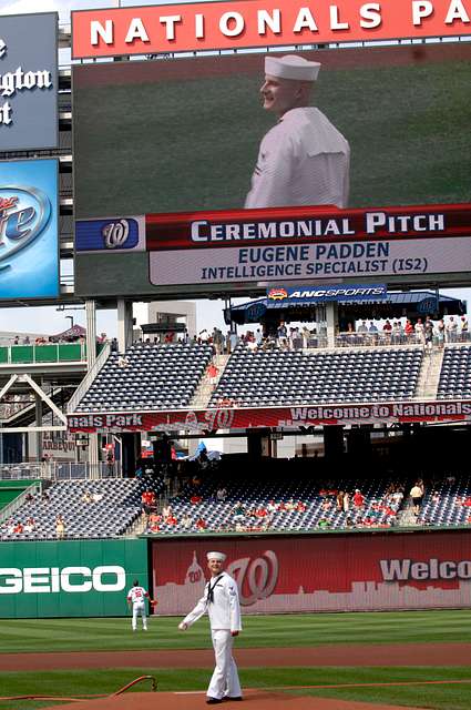 WASHINGTON (May 14, 2019) Screech, the Washington Nationals mascot, shakes  hands with Personnel Specialist 1st Class Angelita Baggoo, Navy Reserve  Sailor of the Year, at Nationals Park in Washington, D.C. - PICRYL 