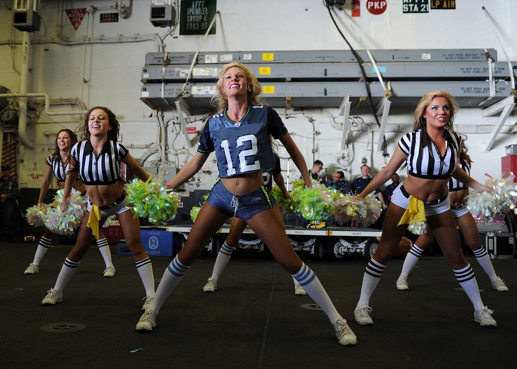 The Seattle Seahawks cheerleaders, the Sea Gals, perform for Sailors and  Marines aboard the amphibious assault ship USS Makin Island (LHD 8). -  PICRYL - Public Domain Media Search Engine Public Domain Search