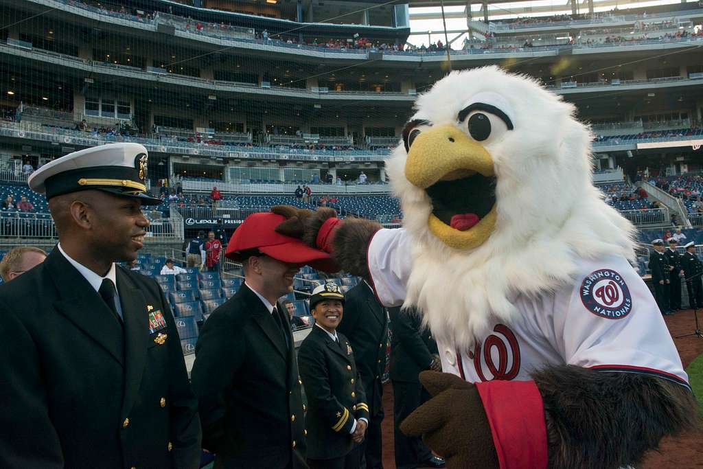 Screech, the Washington Nationals' mascot, offers Chief Navy