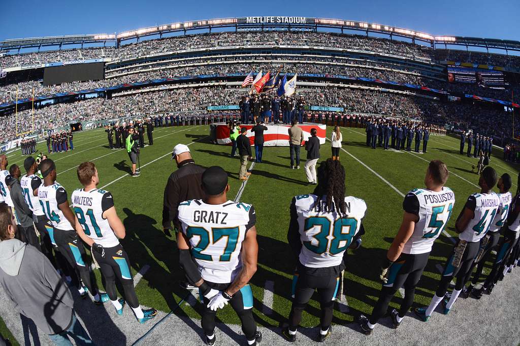 U.S. Marines stand at parade rest during the Jacksonville Jaguars