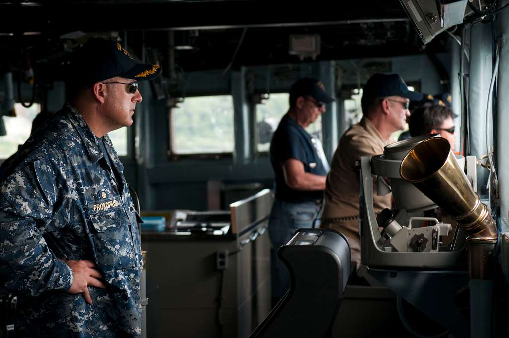 Capt. Mark A. Prokopius oversees the Military Sealift Command bridge ...