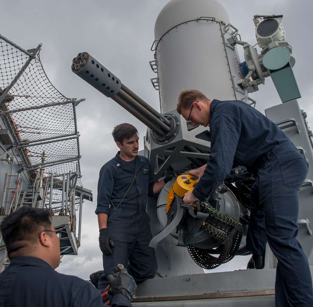 Sailors reload a Phalanx Close-In Weapon System (CIWS) onboard the ...