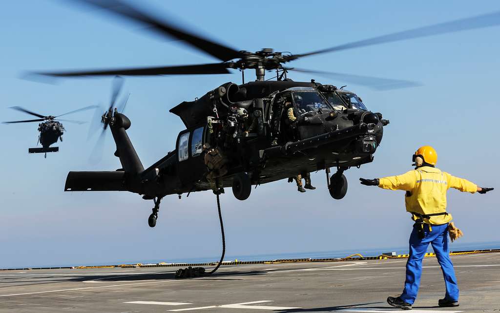 U.S. military forces fast rope out of an U.S. Army UH-60 Black Hawk  helicopter onto the deck of French amphibious assault ship LHD Tonnerre  (L9014) during a bilateral training evolution. - PICRYL 